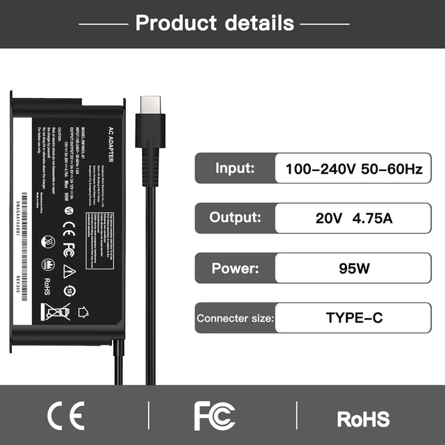 Alt view image 5 of 6 - Energizewiz 95W USB C Type-C Adapter Charger for Lenovo Thinkpad Carbon x1 5th 6th Gen, T480 T480s T570 T580 L380 X380 T470 T470s X270 X280 IdeaPad 13" 720 Y400 Y500 P580 P500