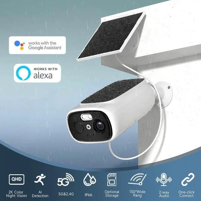 Alt view image 2 of 7 - Gadpiparty 2.4G/5G WiFi Cameras for Home Security, 2K Solar Camera Outdoor Wireless, Color Night Vision Spotlight Camera with 130°Wide View2-Way Audio, IP66, Cloud/SD, AI Detection, Works Alexa/Goog
