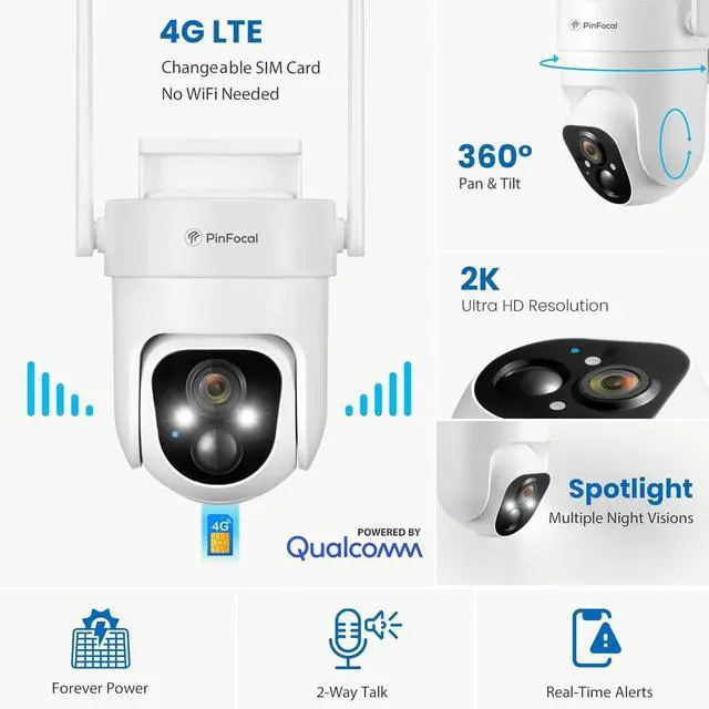 Alt view image 2 of 7 - 4G LTE Cellular Security Camera Wireless Outdoor, No WiFi Needed, 2K Color Night Vision, 360° View Pan/Tilt, 2 Way Talk, PIR Motion Sensor, Built-in SIM Card (Support Verizon/AT&T/T-Mobile)