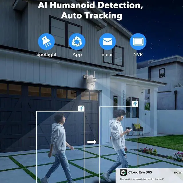 Alt view image 5 of 7 - Security Cameras Wireless Outdoor,  Home Security Camera System with 2K Dual Lens Color Night Vision, Auto Tracking, 2-Way Audio, 500GB HDD, 2.4G/5G WiFi & 10CH Expandable NVR