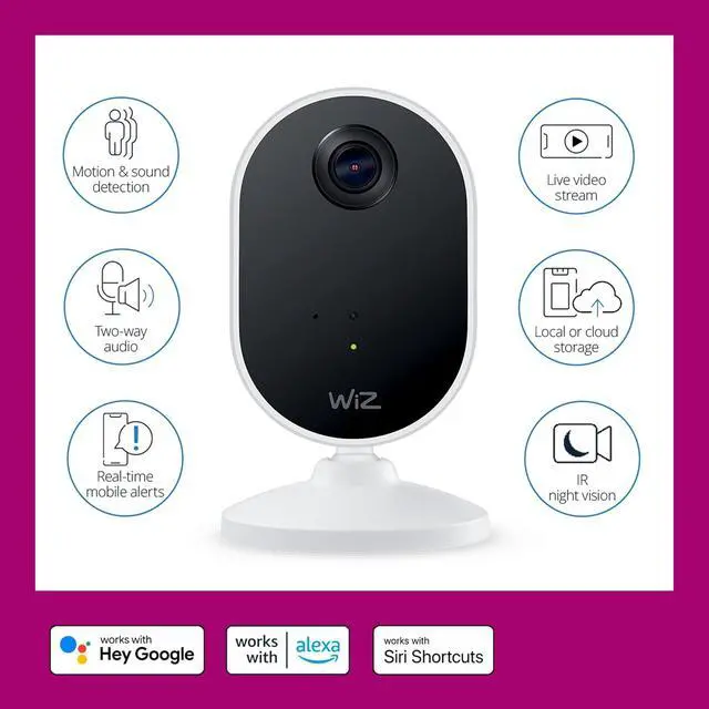 Alt view image 3 of 7 - WiZ Home Monitoring Starter Kit Includes Indoor Security Camera, 1080p HD Video with Motion Detection and Full-Duplex Audio + 60W A19 Color LED Smart Bulb - Pack of 3