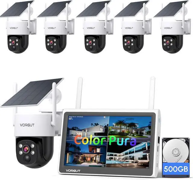 Main image of Solar Powered Security Camera System Outdoor with 10" Monitor, 6pcs 2K Wireless Cameras for Home Security, 360° Pan Tilt, True Color Night Vision, 2.4G/5G WiFi, 10CH NVR, 500GB HDD