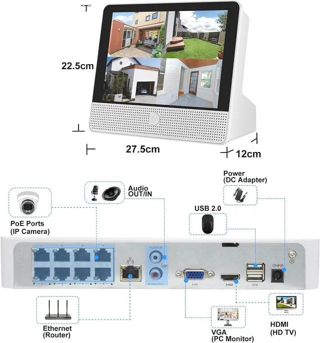 Alt view image 3 of 6 - Gadpiparty 16CH Expandable PoE Security Camera System with All-in-One 10.1" LCD 4K NVR Monitor, 4Pcs 5MP PoE Bullet Cameras, Smart Dual Light, Two Way Talk, Plug & Play, Human Vehicle Detection, 1TB