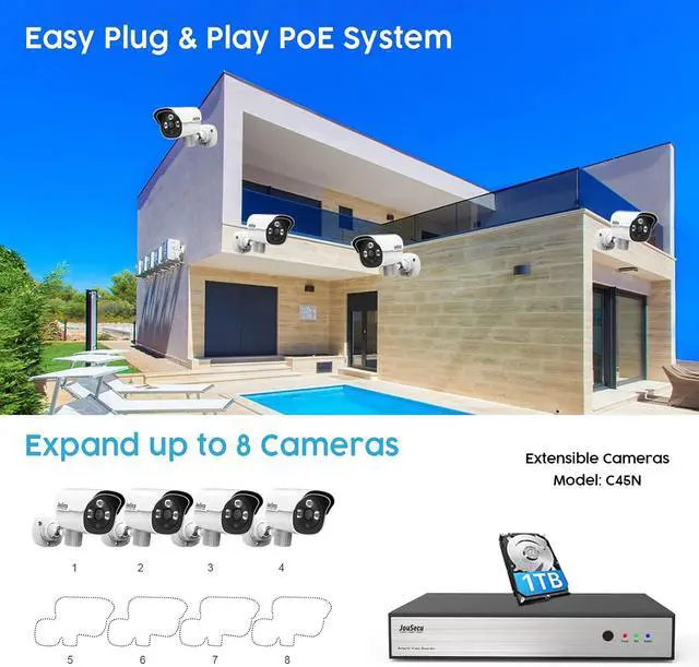 Alt view image 3 of 7 - 8CH Home Security Camera System, 8pcs Wired 3MP PoE IP Cameras for Outdoor and Indoor, One-Way Audio, 8 Channel NVR with 2TB HDD for 24-7 Recording, Night Vision