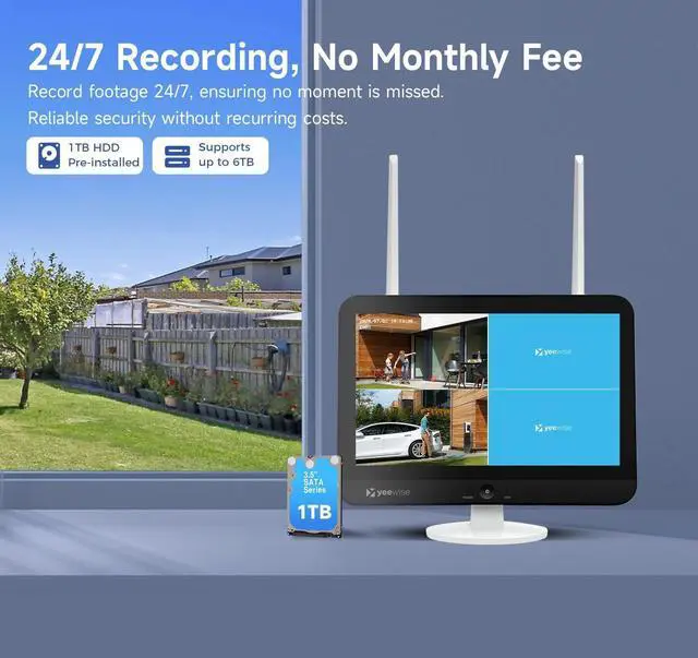 Alt view image 6 of 7 - Gadpiparty 2K WiFi 6 Outdoor Security Camera System with 12" HD Monitor, 6pcs Dual Lens WiFi Cameras with Auto Tracking 1TB HDD for Local Storage, No Monthly Fee