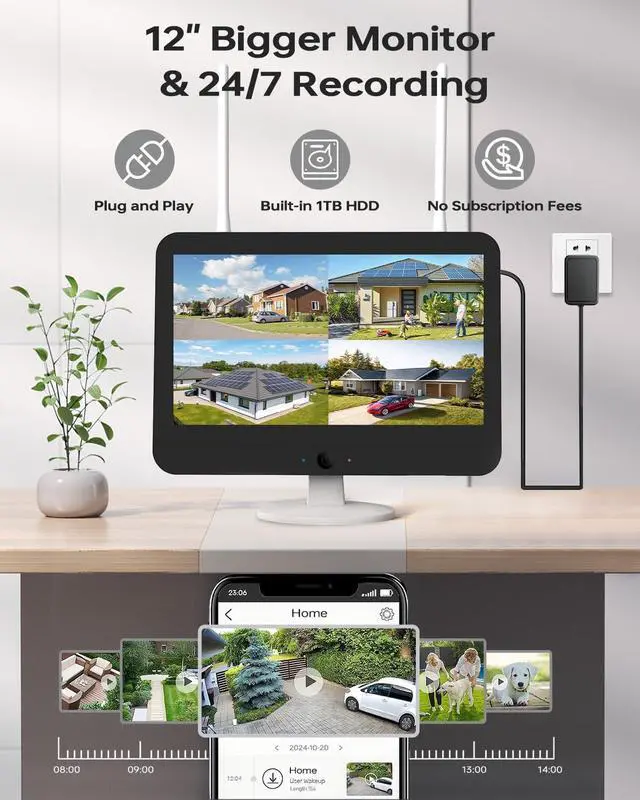 Alt view image 4 of 7 - Gadpiparty Wireless Outdoor Security Camera System, Wkkengd Dual Lens Dual Screen Auto Tracking 8 Home Surveillance Camera Set 12.5" Monitor 1TB 10CH NVR Color Night Vision 2 Way Audio Wi-Fi 6 Alexa
