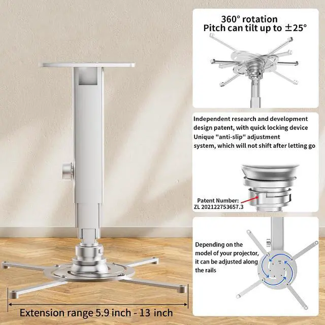 Alt view image 4 of 6 - Projector Mount Wall with Multi-Hole Design, Adjustable Universal Ceiling Mount for Home Theater, Office, Classroom, Load 33 lbs - Silver