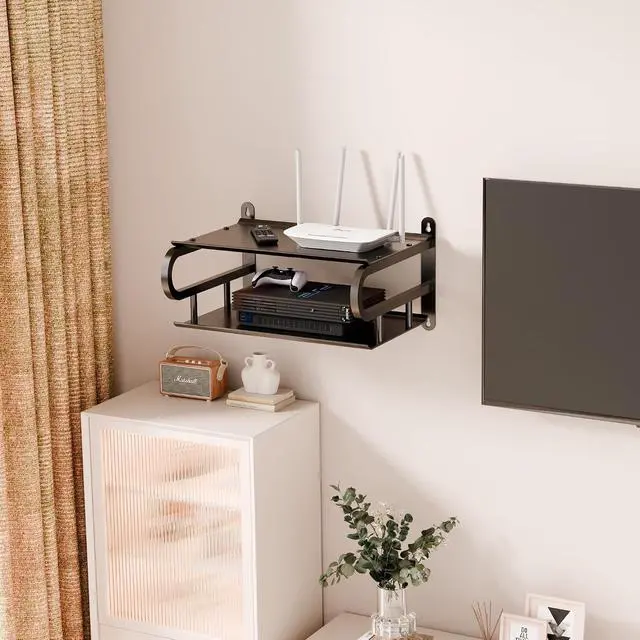 Alt view image 6 of 7 - 16" X 10" Floating Projector Shelf for Wall, WiFi Shelf with Cable Hole for TV Components|DVD Players|Games Consoles, Projector Wall Mount Shelf for Living Room,Bedroom,Office-Black