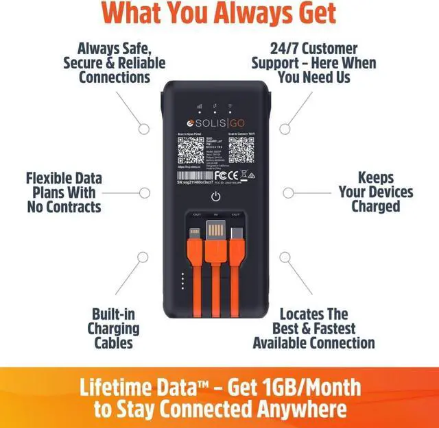 Alt view image 4 of 7 - Solis Go 4G Mobile Hotspot WiFi Power Bank with Built-in Cables for Travel in 140+ Countries, No SIM Card or Contract, Multi-Carrier Network, 10 Devices, 1GB/Month Lifetime + 10GB Global Data