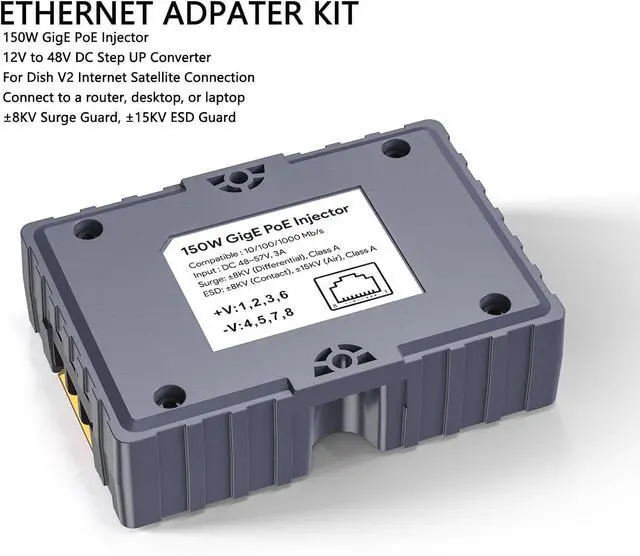 Alt view image 5 of 7 - 150W GigE PoE Injector, Dish Cable Adapter to RJ45, DC Step UP Converter 12V to 48V for Dish V2 Internet Kit Satellite Network to Router Desktop