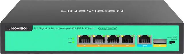 Main image of LINOVISION 4 Ports Full Gigabit PoE++ Switch, Built-in 96W Power, All 4 Ports support BT 90W, Sufficient Power for all IEEE 802.3 af/at/bt PoE devices, including PTZ cameras, Wireless AP and PoE light