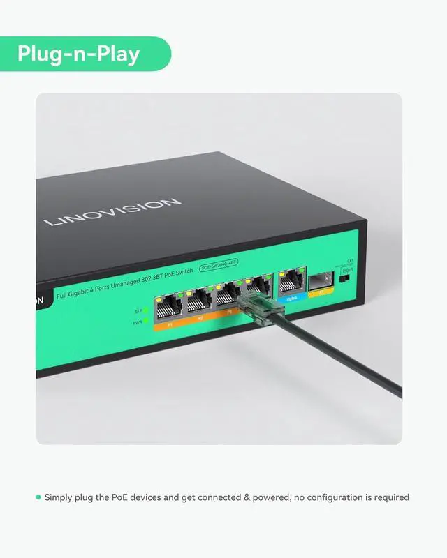 Alt view image 7 of 7 - LINOVISION 4 Ports Full Gigabit PoE++ Switch, Built-in 96W Power, All 4 Ports support BT 90W, Sufficient Power for all IEEE 802.3 af/at/bt PoE devices, including PTZ cameras, Wireless AP and PoE light