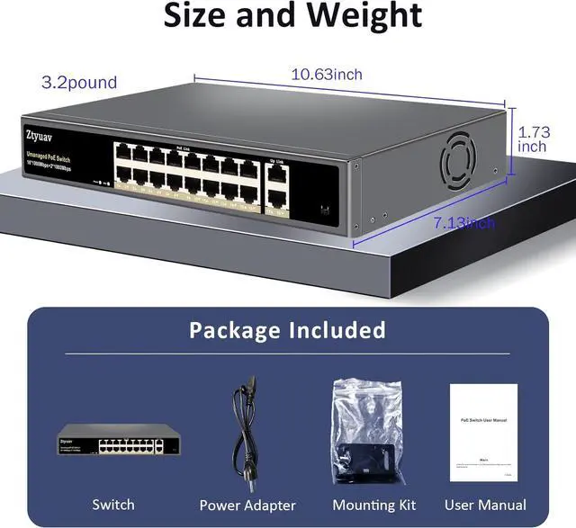 Alt view image 6 of 7 - 18-Port Full Gigabit Unmanaged PoE Switch with 16 PoE+ Ports @250W, 2 Uplink Ports-IEEE802.3af/at Compliant, 6KV Lighting Protection, VLAN Mode, Fanless & Metal Plug & Play