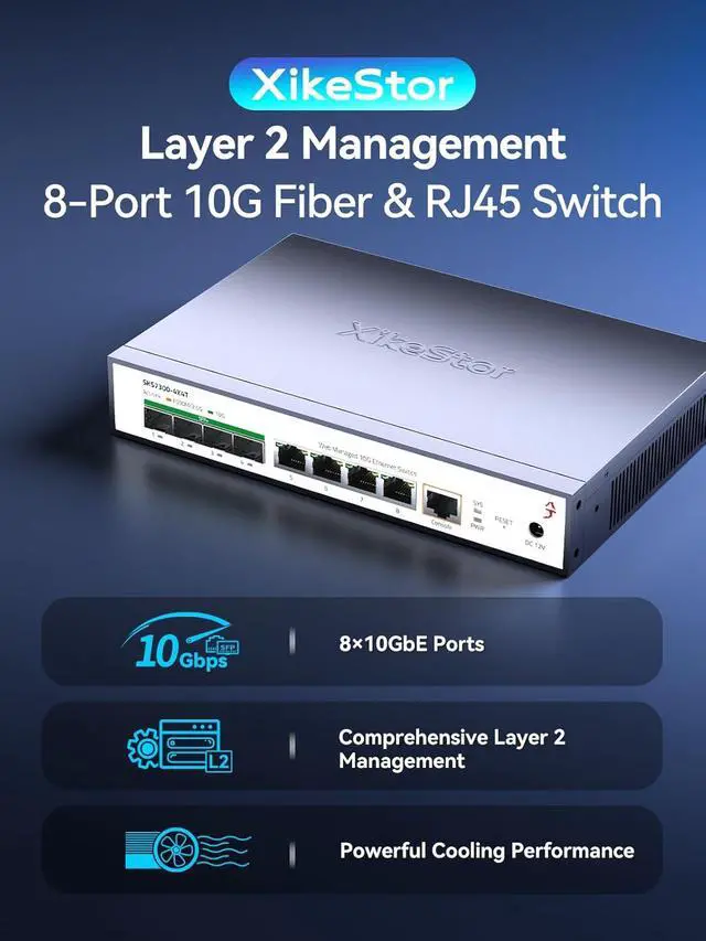 Alt view image 2 of 7 - L2 Managed 8 Port 10G Ethernet Switch, 10Gb Network Switch with 4X RJ45 & 4X SFP+ Ports, Support VLAN/LACP/IGMP/QoS/STP, Built-in Smart Fan, Desktop/Wall-Mount