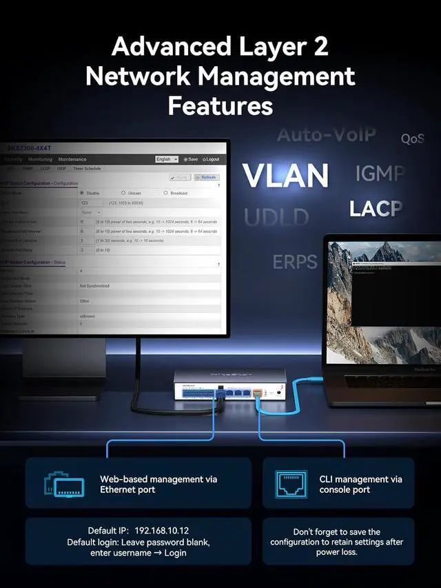 Alt view image 4 of 7 - L2 Managed 8 Port 10G Ethernet Switch, 10Gb Network Switch with 4X RJ45 & 4X SFP+ Ports, Support VLAN/LACP/IGMP/QoS/STP, Built-in Smart Fan, Desktop/Wall-Mount