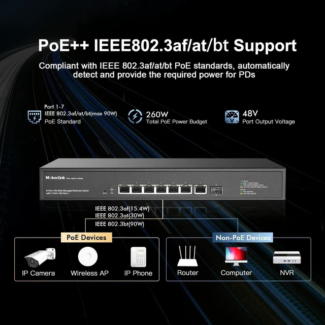 Alt view image 4 of 7 - MokerLink 8 Port 10 Gigabit PoE Web Managed Switch with 10G SFP+, 7 Port PoE++ IEEE802.3af/at/bt 260W, Managed Rack Mount Network Switch