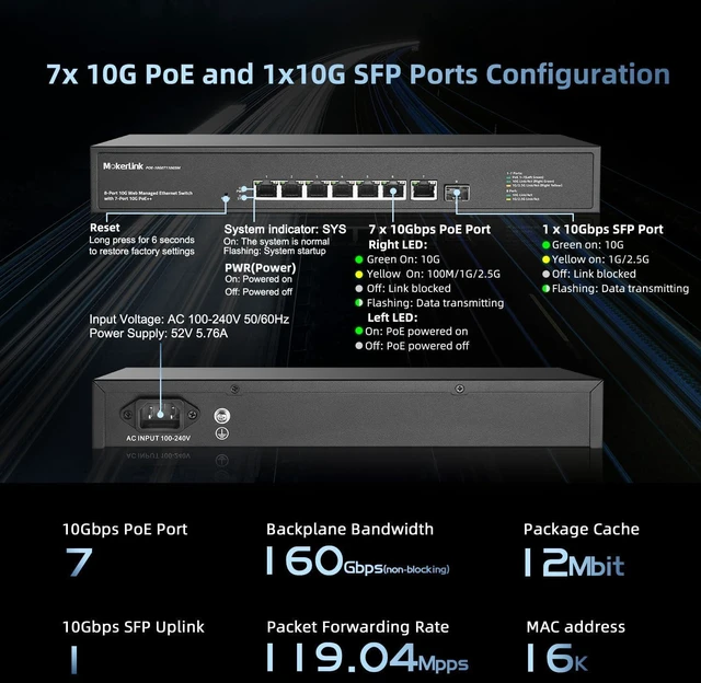 Alt view image 5 of 7 - MokerLink 8 Port 10 Gigabit PoE Web Managed Switch with 10G SFP+, 7 Port PoE++ IEEE802.3af/at/bt 260W, Managed Rack Mount Network Switch