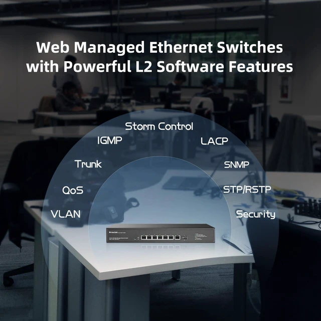 Alt view image 6 of 7 - MokerLink 8 Port 10 Gigabit PoE Web Managed Switch with 10G SFP+, 7 Port PoE++ IEEE802.3af/at/bt 260W, Managed Rack Mount Network Switch