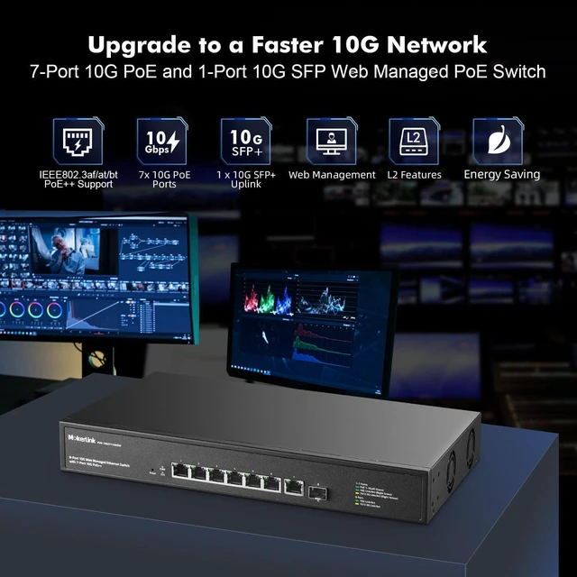 Alt view image 2 of 7 - MokerLink 8 Port 10 Gigabit PoE Web Managed Switch with 10G SFP+, 7 Port PoE++ IEEE802.3af/at/bt 260W, Managed Rack Mount Network Switch