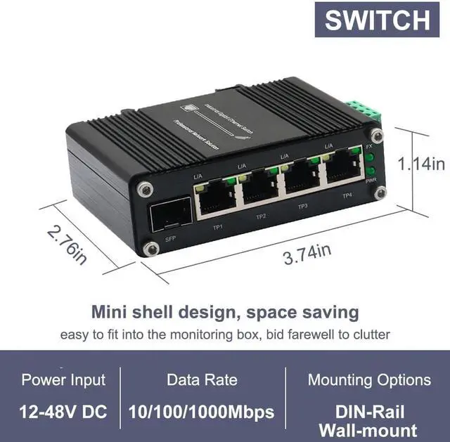 Alt view image 4 of 7 - Mini Industrial 4-Port Gigabit Ethernet Switch - 10/100/1000T + 1 SFP Port, 12-48VDC Input, Rugged Design, DIN-Rail/Wall Mount, Wide Temp Range