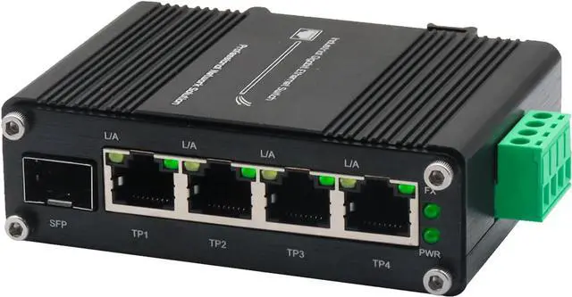 Main image of Mini Industrial 4-Port Gigabit Ethernet Switch - 10/100/1000T + 1 SFP Port, 12-48VDC Input, Rugged Design, DIN-Rail/Wall Mount, Wide Temp Range