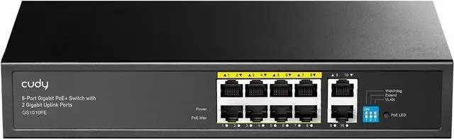Main image of Cudy 8 Port Gigabit PoE Switch, 120 Watts PoE Budget, 8 10/100/1000Mbps PoE+ Ports, 2 Gigabit Uplink Ports , 802.3at, 802.3af, 1/2 (+), 3/6 (-), Fanless, Plug and Play, GS1010PE