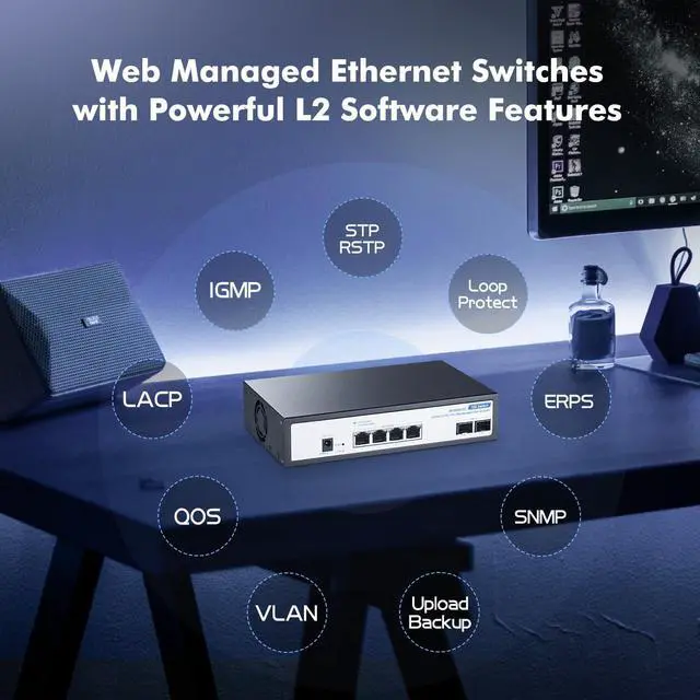 Alt view image 4 of 7 - YuLinca 6 Port 10Gbps Managed Switch, 4 x 10G RJ-45 Ports with 2 x 10G SFP+ Slots, Support 10G/5G/2.5G/1000M Auto-Negotiation, Smart Web Managed Gaming Switch