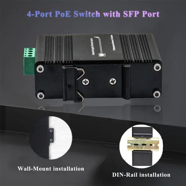 Alt view image 3 of 7 - Mini Industrial 4-Port 10/100/1000T PoE+ & 1-Port 100/1000X SFP Gigabit Ethernet Switch - Wide 12~48VDC Input with Voltage Booster, DIN-Rail/Wall-Mount, IP40 Rugged Design