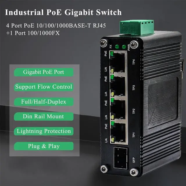 Alt view image 7 of 7 - Mini Industrial 4-Port 10/100/1000T PoE+ & 1-Port 100/1000X SFP Gigabit Ethernet Switch - Wide 12~48VDC Input with Voltage Booster, DIN-Rail/Wall-Mount, IP40 Rugged Design
