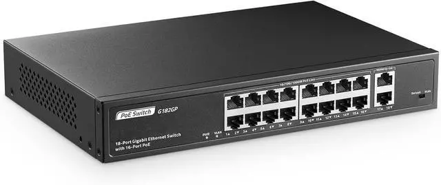 Main image of YuLinca 18 Port Full Gigabit PoE Switch, 16 Ggiabit PoE+, 2 GE Uplink, IEEE802.3af/at Max 250W, Unmanaged Plug&Play Desktop Rackmount Ethernet Switch