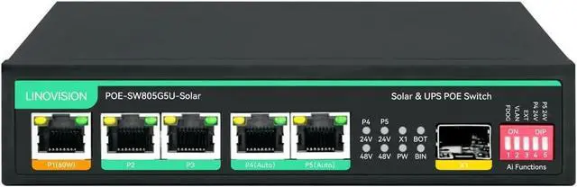 Main image of LINOVISION Solar PoE Switch with Built-in Solar Charge Controller, Battery Management and External DC Charging, Non-Stop UPS Power for Up to 5 PoE Cameras and PoE 24V Devices