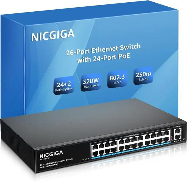Main image of 24 Port PoE Switch Unmanaged, 24 Port PoE+@320W, 2 Gigabit Uplink Ports, NICGIGA 26 Port Network Power Over Ethernet Switch, VLAN Mode, 250m Extend, 19 inch RackMount, Plug and Play.