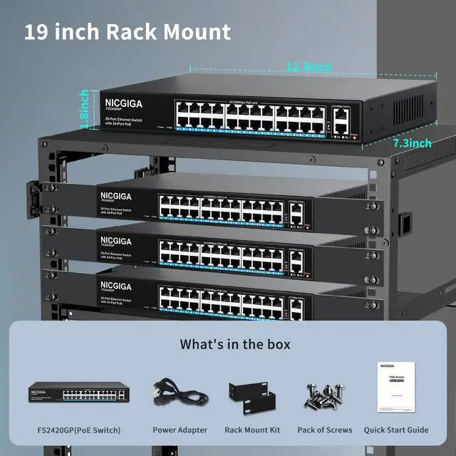 Alt view image 7 of 7 - 24 Port PoE Switch Unmanaged, 24 Port PoE+@320W, 2 Gigabit Uplink Ports, NICGIGA 26 Port Network Power Over Ethernet Switch, VLAN Mode, 250m Extend, 19 inch RackMount, Plug and Play.