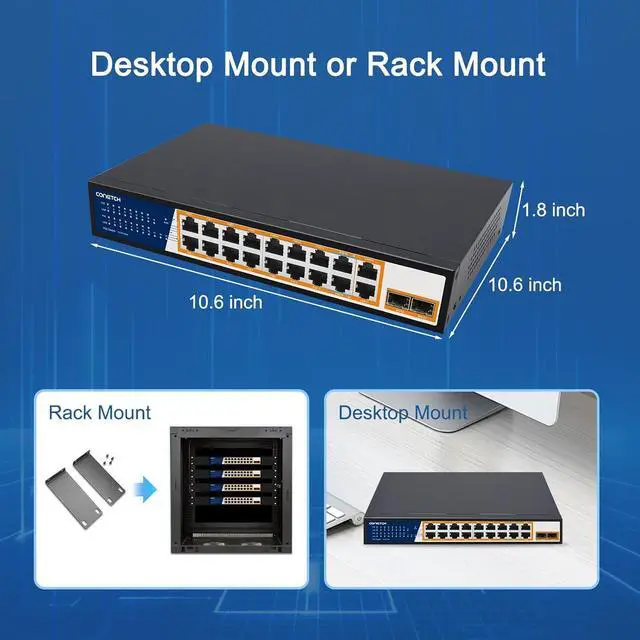 Alt view image 7 of 7 - 20 Port Full Gigabit PoE Switch with 16 PoE+, 2 Uplink and 2 SFP Ports, IEEE 802.3af/at/bt, 10/100/1000Mbps, Unmanaged, 240W Built-in Power, Plug & Play, Rackmount, PoE++ Network Switch