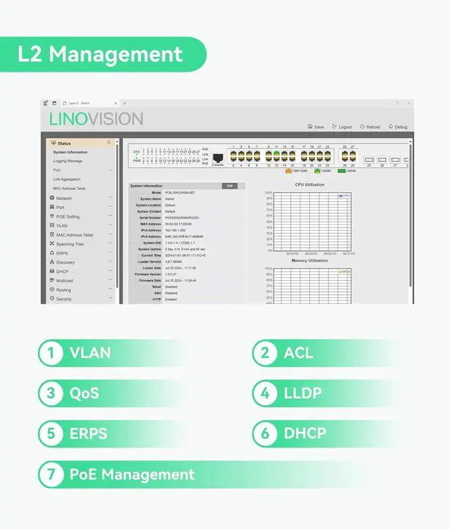 Alt view image 5 of 7 - LINOVISION 24 Ports L2 Managed PoE Switch, Full Gigabit PoE++ Switch, Built-in 370W Power with 4* BT 90W & 20* AT 30W Ports, Sufficient for All IEEE 802.3 af/at/bt Devices, Supports QoS, VLAN, IGMP...