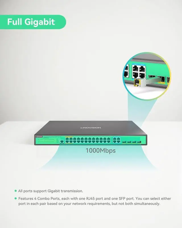 Alt view image 6 of 7 - LINOVISION 24 Ports L2 Managed PoE Switch, Full Gigabit PoE++ Switch, Built-in 370W Power with 4* BT 90W & 20* AT 30W Ports, Sufficient for All IEEE 802.3 af/at/bt Devices, Supports QoS, VLAN, IGMP...