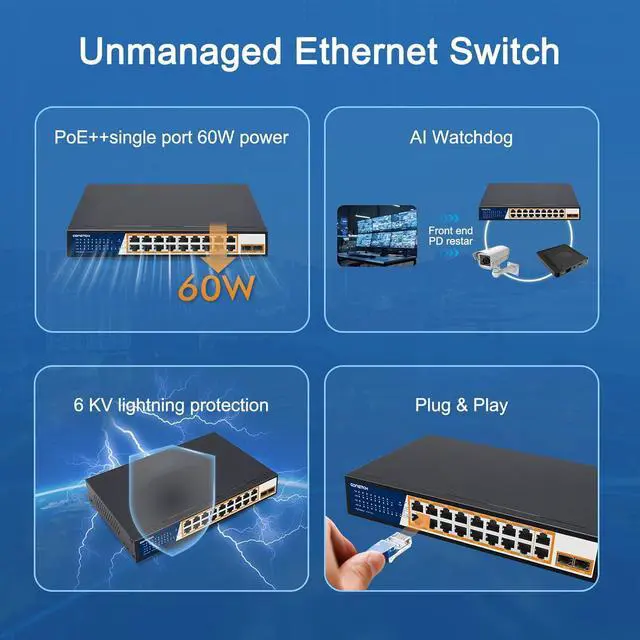 Alt view image 4 of 7 - 20 Port Full Gigabit PoE Switch with 16 PoE+, 2 Uplink and 2 SFP Ports, IEEE 802.3af/at/bt, 10/100/1000Mbps, Unmanaged, 240W Built-in Power, Plug & Play, Rackmount, PoE++ Network Switch