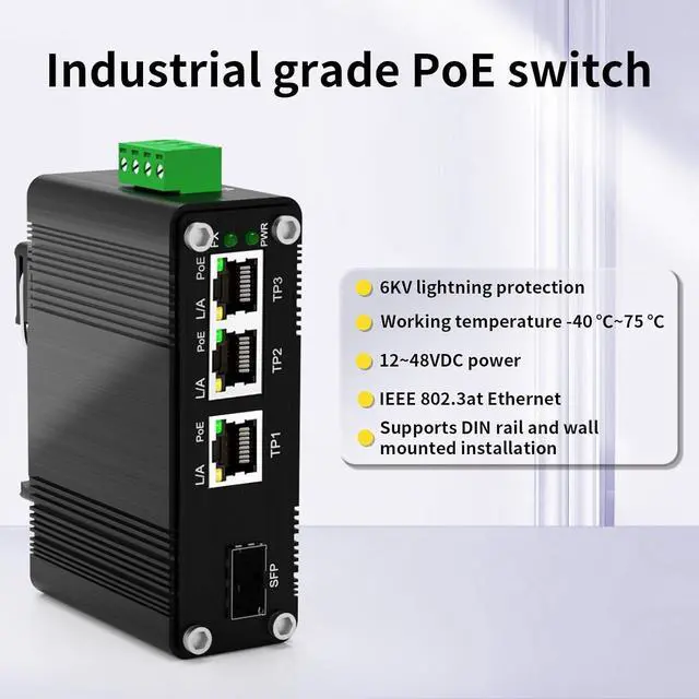 Alt view image 2 of 7 - 3 Ports PoE Gigabit Industrial Ethernet Switch PoE+ Fiber Switch with 100/1000M SFP IEEE 802.3at PoE Supporting Din-Rail 12~48V DC Input