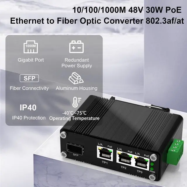 Alt view image 3 of 7 - 3 Ports PoE Gigabit Industrial Ethernet Switch PoE+ Fiber Switch with 100/1000M SFP IEEE 802.3at PoE Supporting Din-Rail 12~48V DC Input