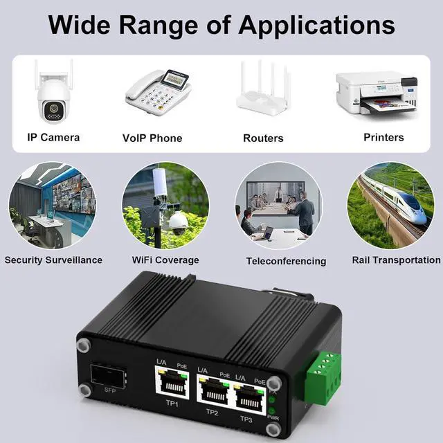 Alt view image 5 of 7 - 3 Ports PoE Gigabit Industrial Ethernet Switch PoE+ Fiber Switch with 100/1000M SFP IEEE 802.3at PoE Supporting Din-Rail 12~48V DC Input