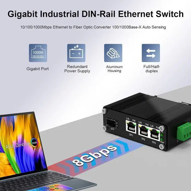 Alt view image 7 of 7 - 3 Ports PoE Gigabit Industrial Ethernet Switch PoE+ Fiber Switch with 100/1000M SFP IEEE 802.3at PoE Supporting Din-Rail 12~48V DC Input