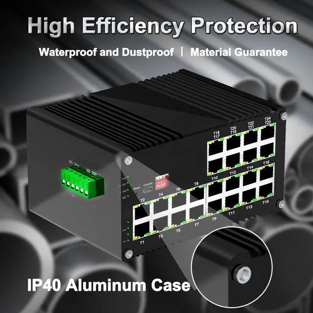 Alt view image 2 of 6 - 24-Port Managed PoE Gigabit Industrial Ethernet Switch, 2-LayerLightning Protection 4KV, IP40, -40°C to 80°C (-40°F to 176°F) OperatingPlug&Play,Support CLI, Web, DHCP Server/Client