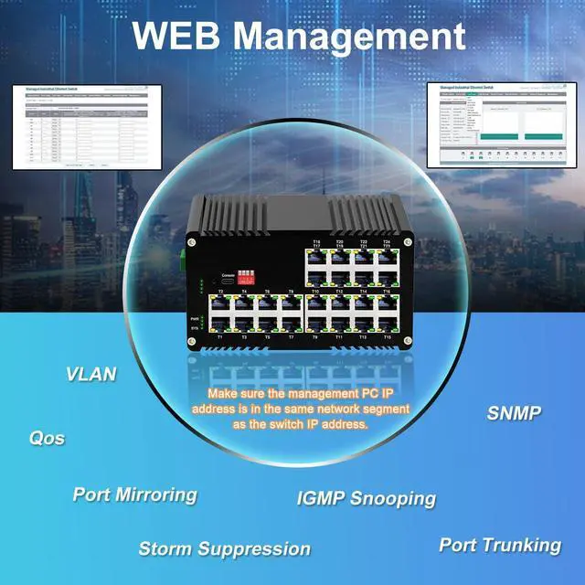 Alt view image 5 of 6 - 24-Port Managed PoE Gigabit Industrial Ethernet Switch, 2-LayerLightning Protection 4KV, IP40, -40°C to 80°C (-40°F to 176°F) OperatingPlug&Play,Support CLI, Web, DHCP Server/Client