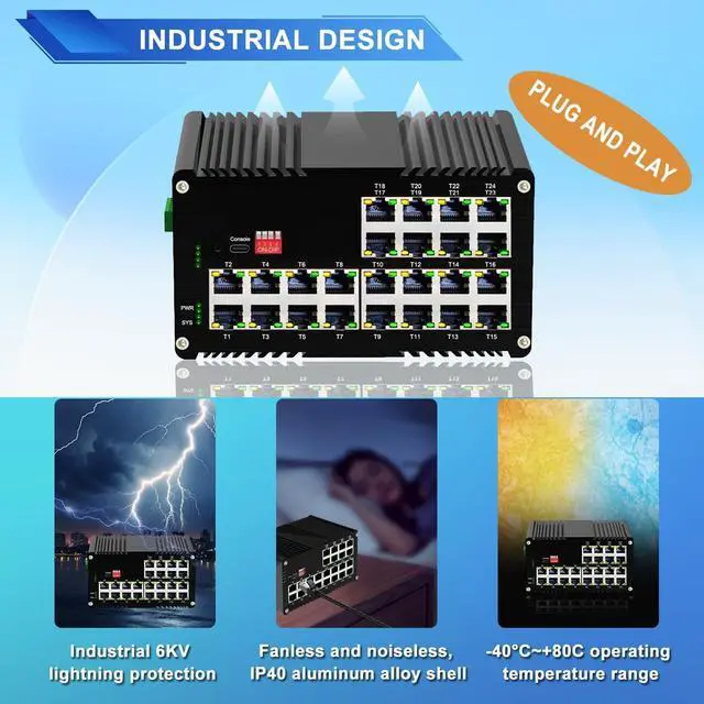 Alt view image 6 of 6 - 24-Port Managed PoE Gigabit Industrial Ethernet Switch, 2-LayerLightning Protection 4KV, IP40, -40°C to 80°C (-40°F to 176°F) OperatingPlug&Play,Support CLI, Web, DHCP Server/Client