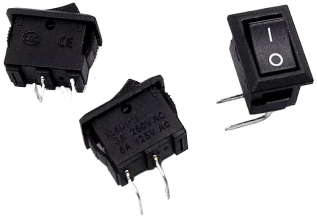 Main image of 100Pcs 10 * 15mm Right Bent 2Pin Curved Needle Black Rocker Switch 3A 250V 6A 125VAC KCD11 2Pin Snap-in On Off Push Button Switch