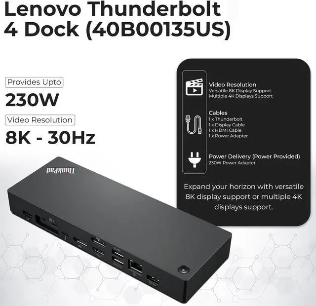 Alt view image 3 of 7 - 40B00135US Lenovo Thinkpad Docking Station USB C - 1 Year Warranty, Supports 4K Display, Thunderbolt 4 Dock with 135W Adapter, HDMI, DisplayPort, Thunderbolt Cables & Cloth - Lenovo Docking Station