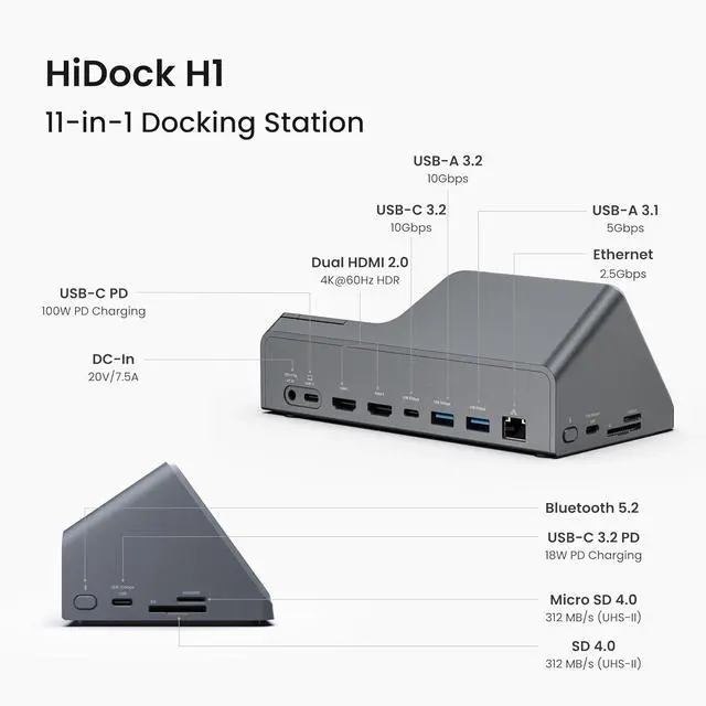 Alt view image 2 of 7 - H1 11-in-1 USB C Docking Station with AI Voice Recorder, Free Transcription & Summarization, Dual HDMI 4K@60Hz, 118W PD, 2.5Gbps Ethernet, 10Gbps Fast Data Transfer, SD/Micro SD 4.0 Card Reader (H1)