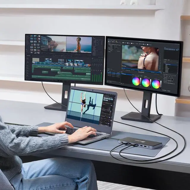 Alt view image 3 of 6 - USB C Universal Docking Station for 3 Monitors, Power Adapter Attached - 14 in 1 Hub with HDMI*2, DisplayPort 4K60Hz, 10Gbps USB C/A, 1Gbps Ethernet, SD/TF, Audio&Mic, for MacBook/Dell/HP.etc