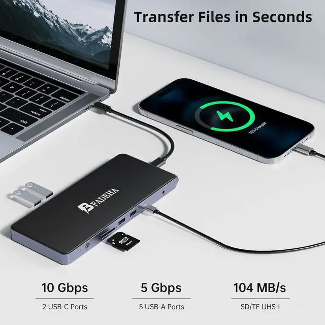 Alt view image 6 of 6 - USB C Universal Docking Station for 3 Monitors, Power Adapter Attached - 14 in 1 Hub with HDMI*2, DisplayPort 4K60Hz, 10Gbps USB C/A, 1Gbps Ethernet, SD/TF, Audio&Mic, for MacBook/Dell/HP.etc
