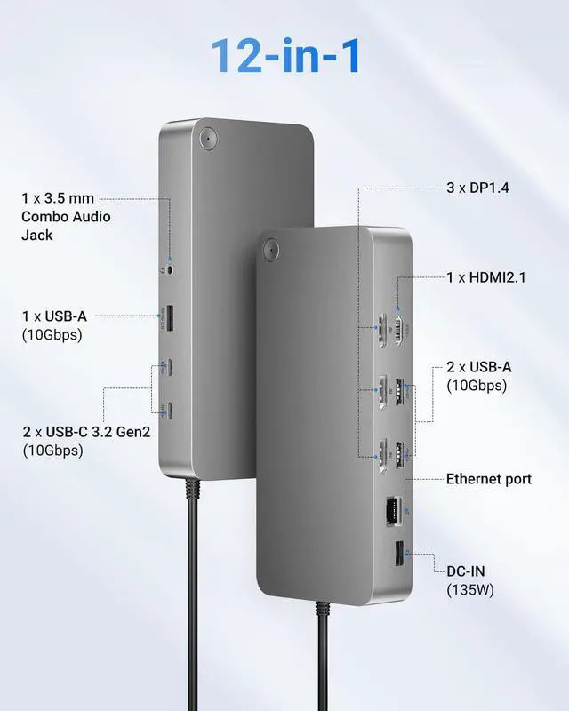 Alt view image 2 of 7 - Laptop Docking Station(12-in-1), for Thunderbolt 4, USB 4, or USB-C Systems, 92W Charging for Laptop, 40 Gbps Data Transfer, Single 8K, Quad 4K Display, Ethernet, Compatible with Windows, MacOS